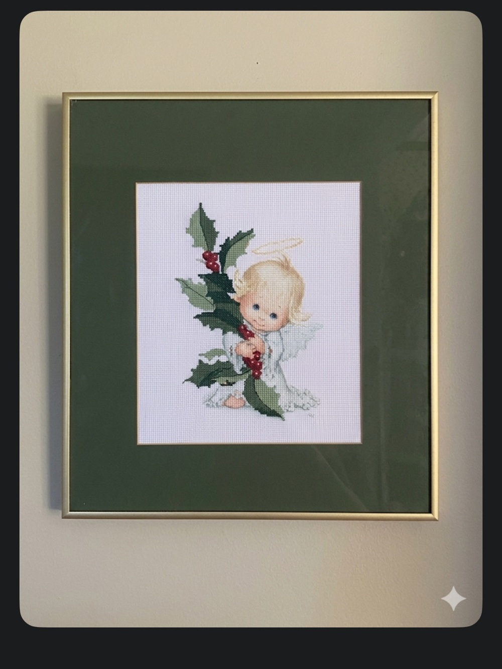 Framed Holiday Angel Cross-Stitch Wall Art in Green